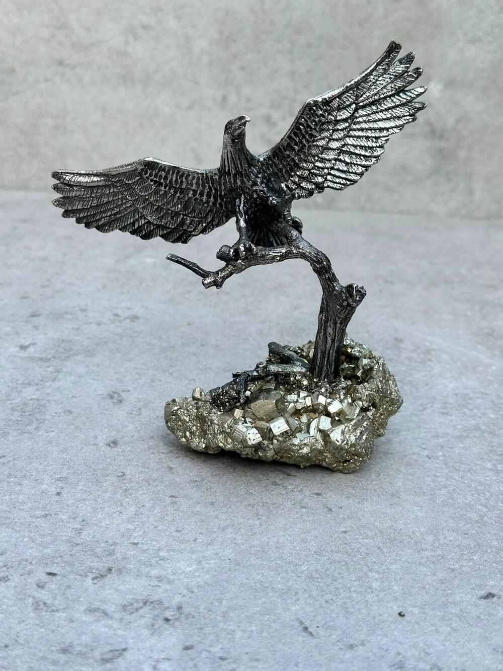 Vintage Pewter Soaring Eagle Figurine on Natural Pyrite Cluster Base